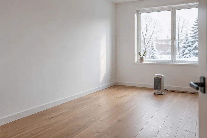 Empty room with a single small white plug-in heater by the window