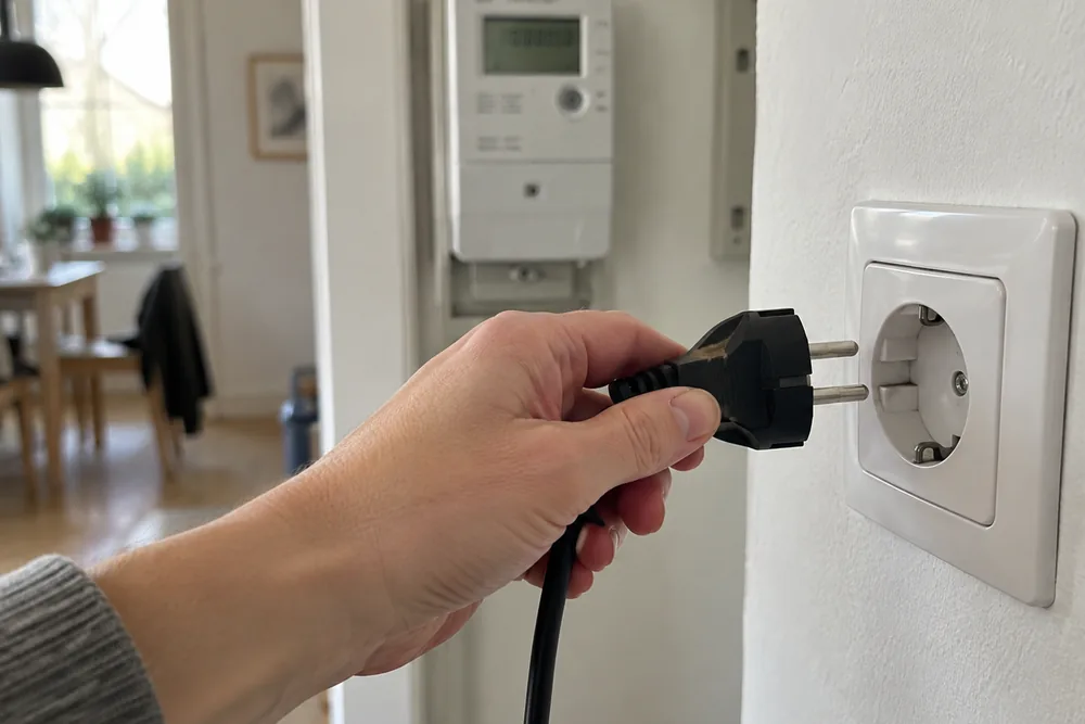 Hand holding a domestic plug next to a wall socket, with an electricity meter in the background